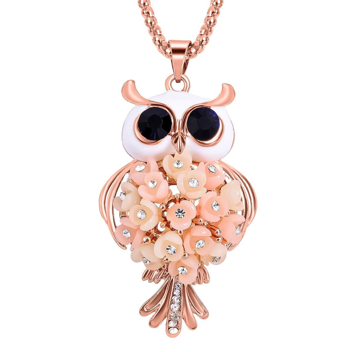 Blue and White Austrian Crystal Enameled Owl Pendant Necklace 28 Inches in in Rosetone image number 0