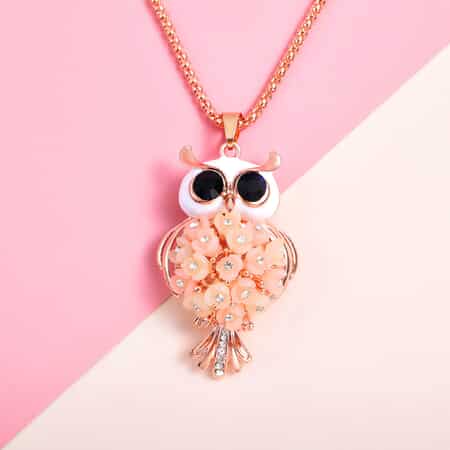 Blue and White Austrian Crystal Enameled Owl Pendant Necklace 28 Inches in in Rosetone image number 1