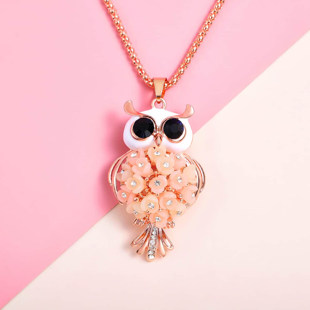 Blue and White Austrian Crystal Enameled Owl Pendant Necklace 28 Inches in in Rosetone image number 1