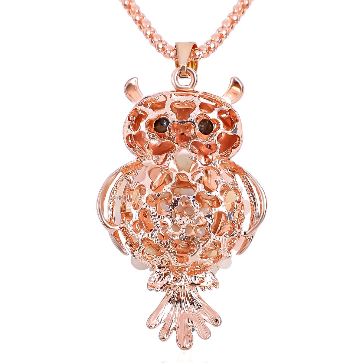 Blue and White Austrian Crystal Enameled Owl Pendant Necklace 28 Inches in in Rosetone image number 2