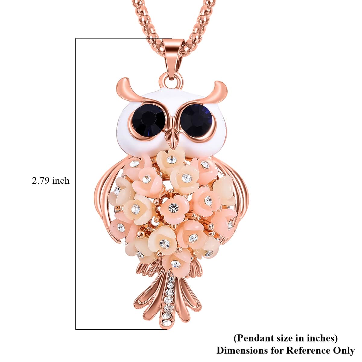 Blue and White Austrian Crystal Enameled Owl Pendant Necklace 28 Inches in in Rosetone image number 4