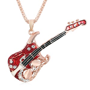 Simulated Pearl, White Austrian Crystal, Enameled Guitar Pendant Necklace 28 Inches in Rosetone & Iron