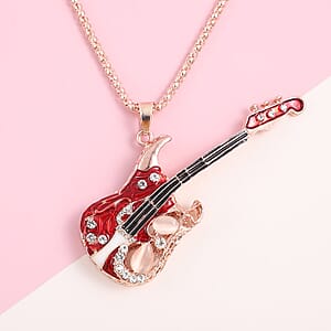 Simulated Pearl, White Austrian Crystal, Enameled Guitar Pendant Necklace 28 Inches in Rosetone & Iron