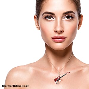 Simulated Pearl, White Austrian Crystal, Enameled Guitar Pendant Necklace 28 Inches in Rosetone & Iron