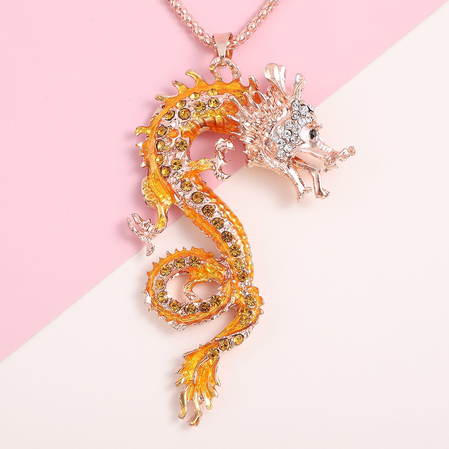 Multi Color Austrian Crystal Dragon Pendant Necklace 28 Inches in Rosetone
