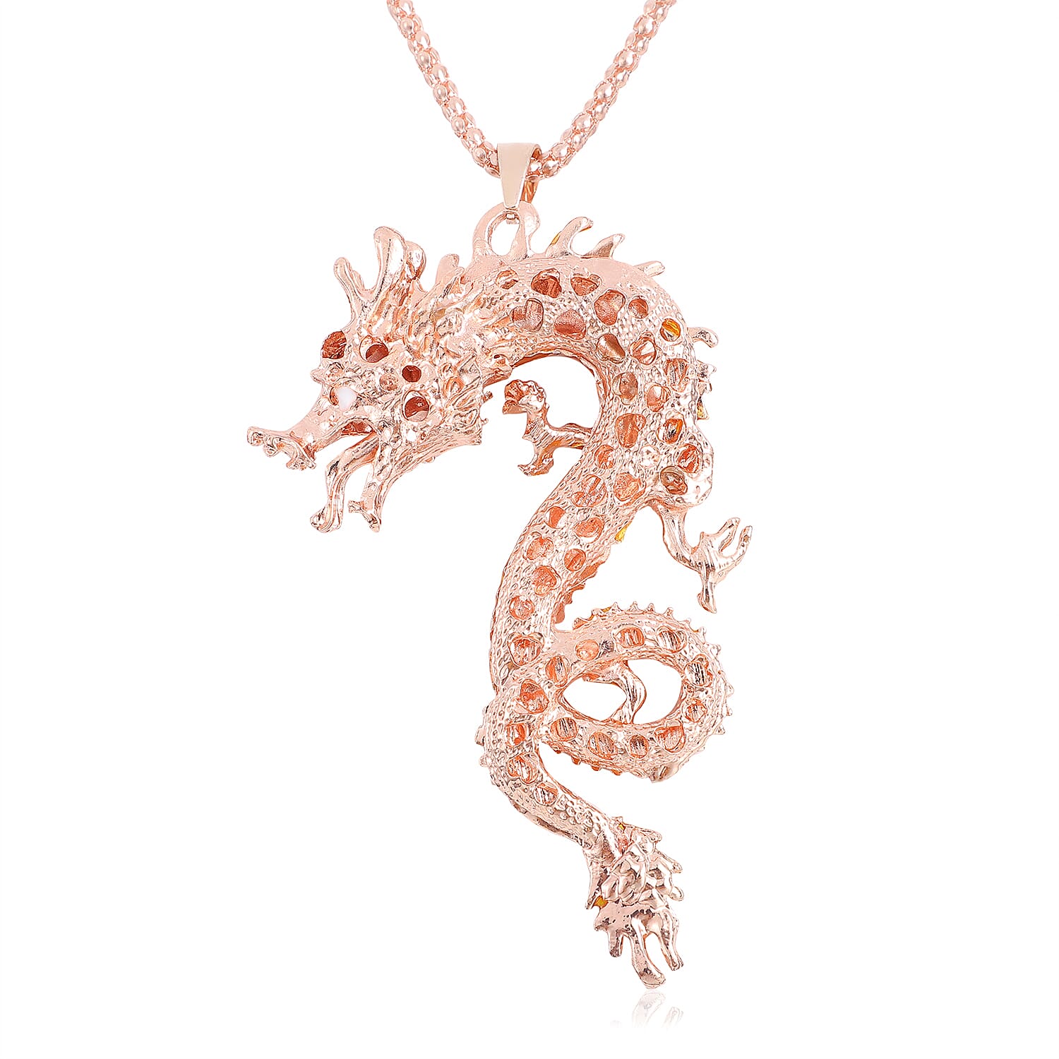 Multi Color Austrian Crystal Dragon Pendant Necklace 28 Inches in Rosetone