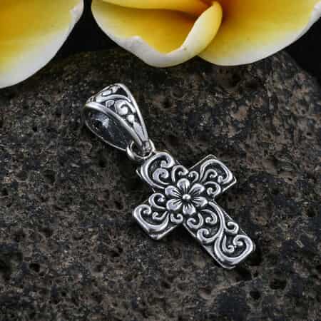 Bali Legacy Floral Cross Pendant, Floral Pendant, Sterling Silver Pendant image number 1