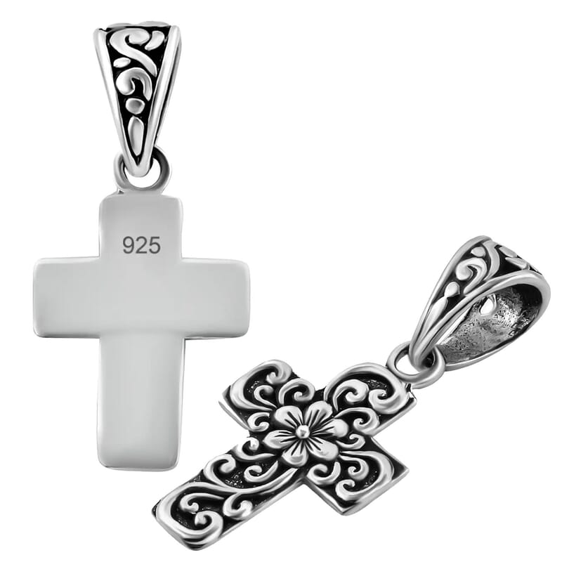 Bali Legacy Floral Cross Pendant without Chain, Floral Pendant without Chain, Sterling Silver Pendant without Chain