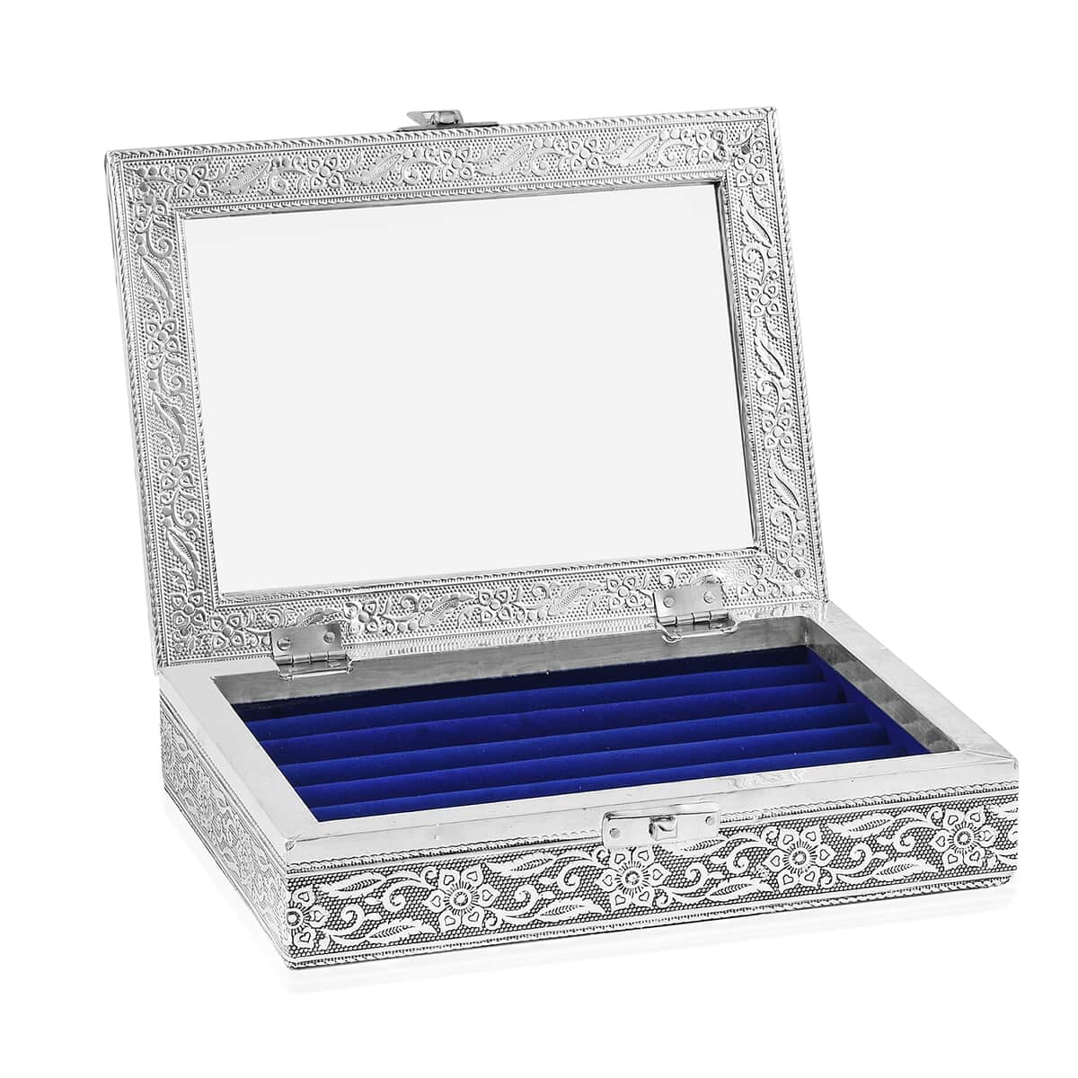 Handcrafted Aluminum Blue Velvet Interior Glass Top Jewelry Box image number 0