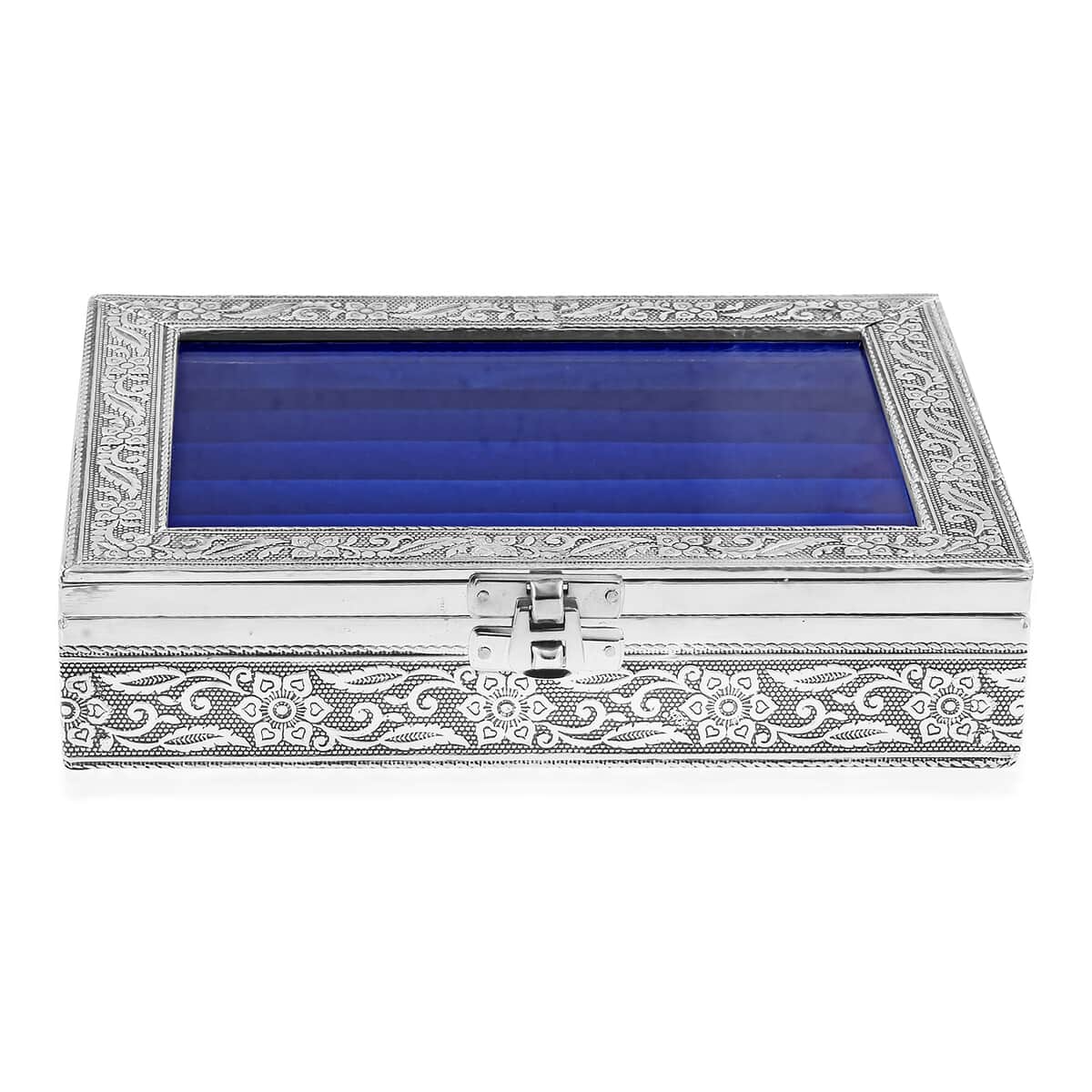 Handcrafted Aluminum Blue Velvet Interior Glass Top Jewelry Box image number 1