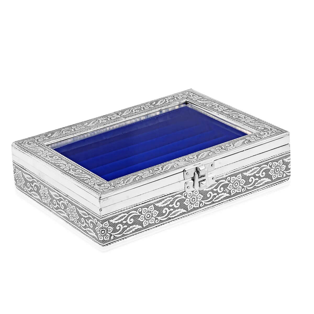 Handcrafted Aluminum Blue Velvet Interior Glass Top Jewelry Box image number 2