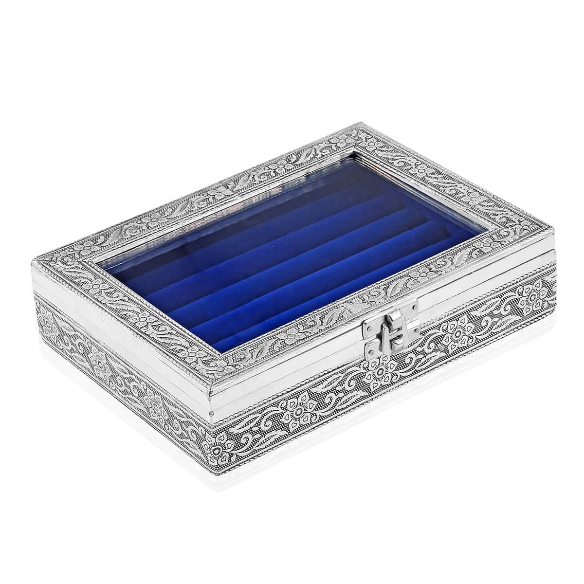 Handcrafted Aluminum Blue Velvet Interior Glass Top Jewelry Box image number 3