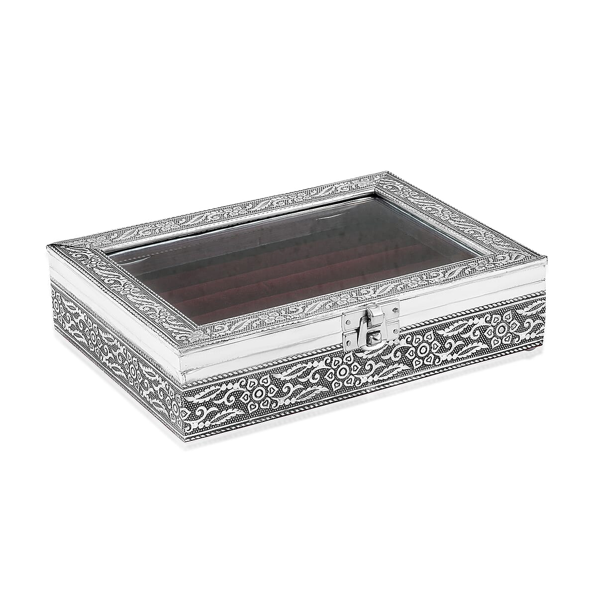 Wine Red  Glass in Velvet lining Aluminum Artware MDF Jewellry Box image number 2