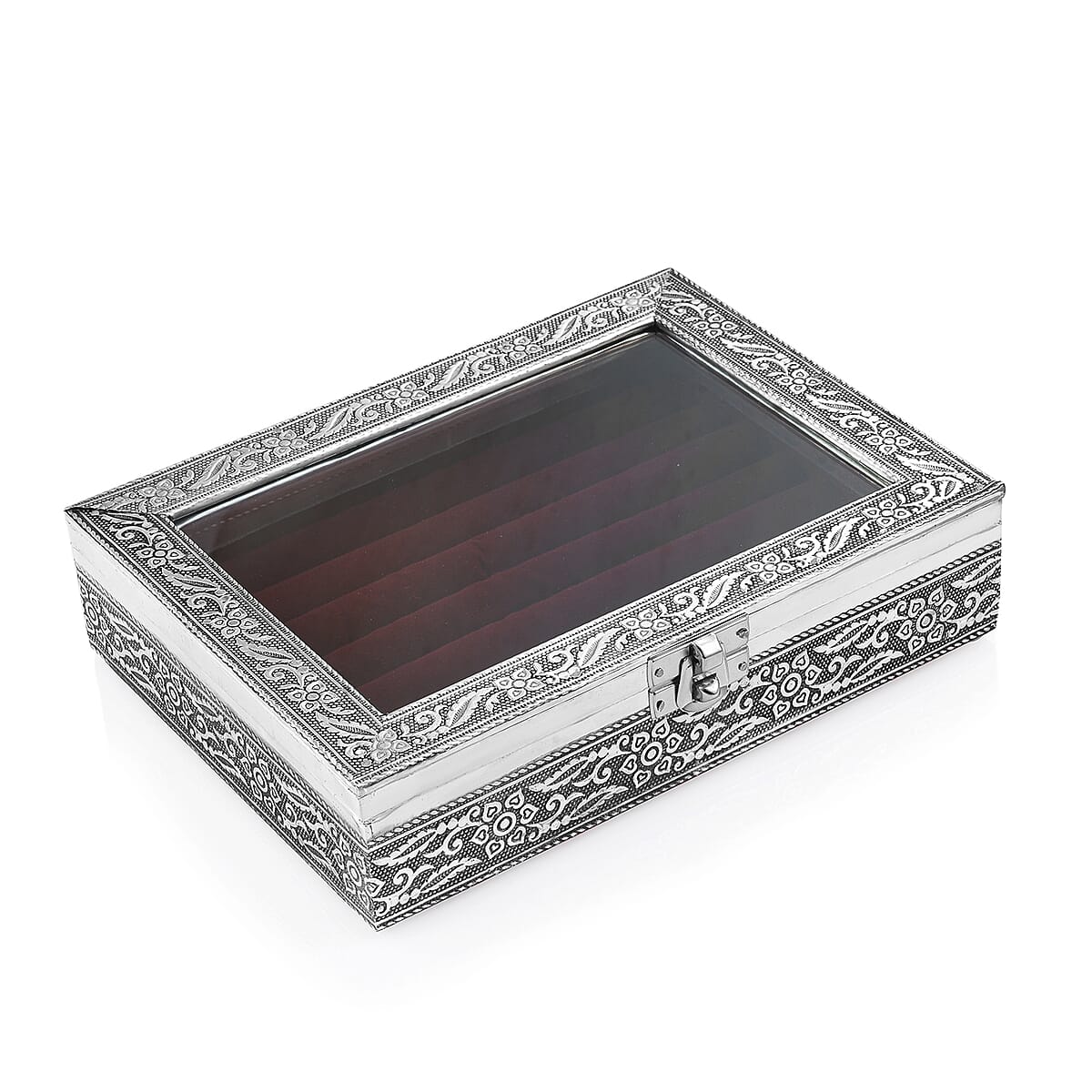 Wine Red  Glass in Velvet lining Aluminum Artware MDF Jewellry Box image number 3
