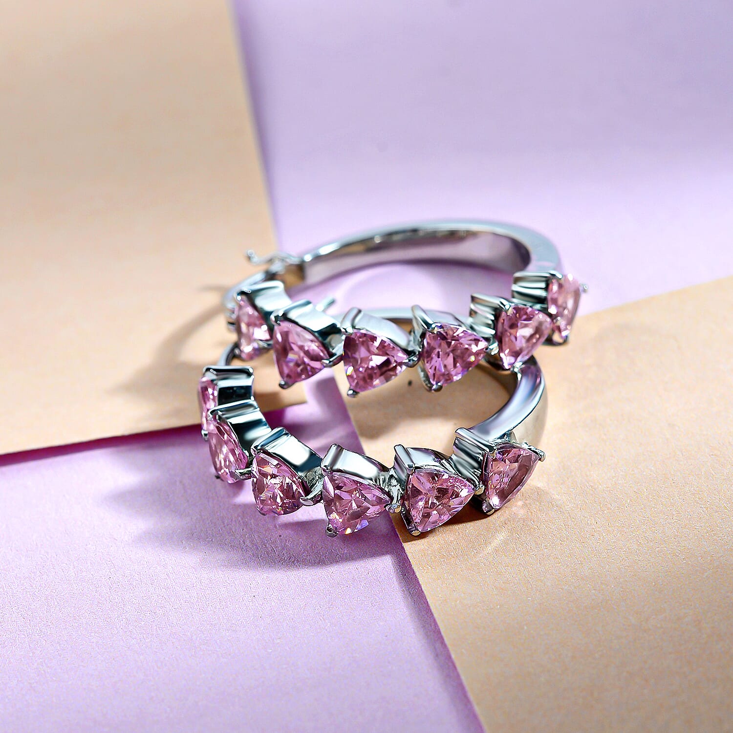 Simulated Pink Diamond Inside Out Hoop Earrings in Stainless Steel
