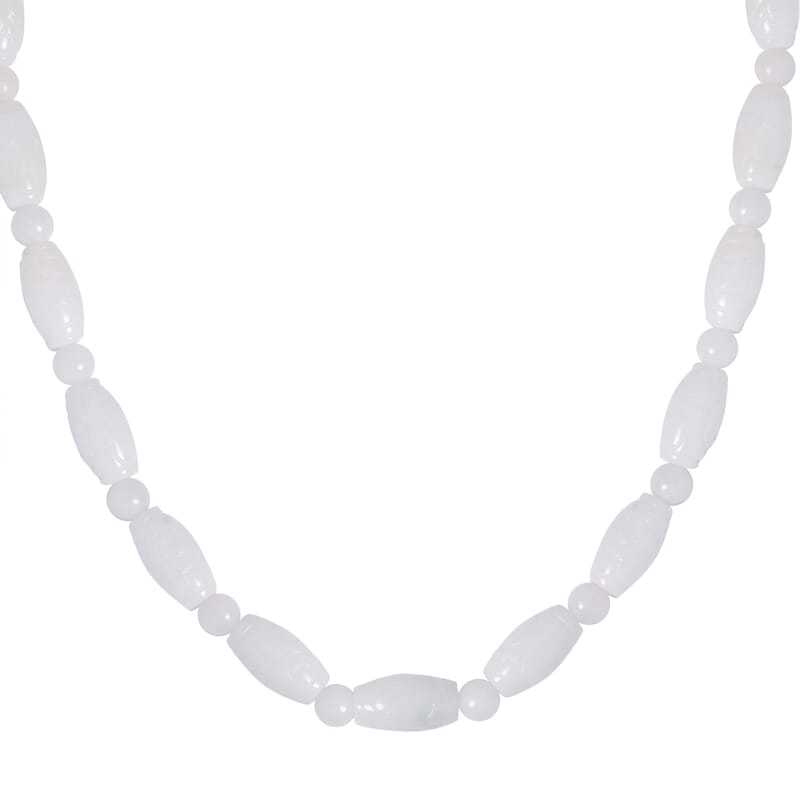 Natural Jade Carved Beaded Necklace 20 Inches With Magnetic Clasp in Sterling Silver 350.00 ctw