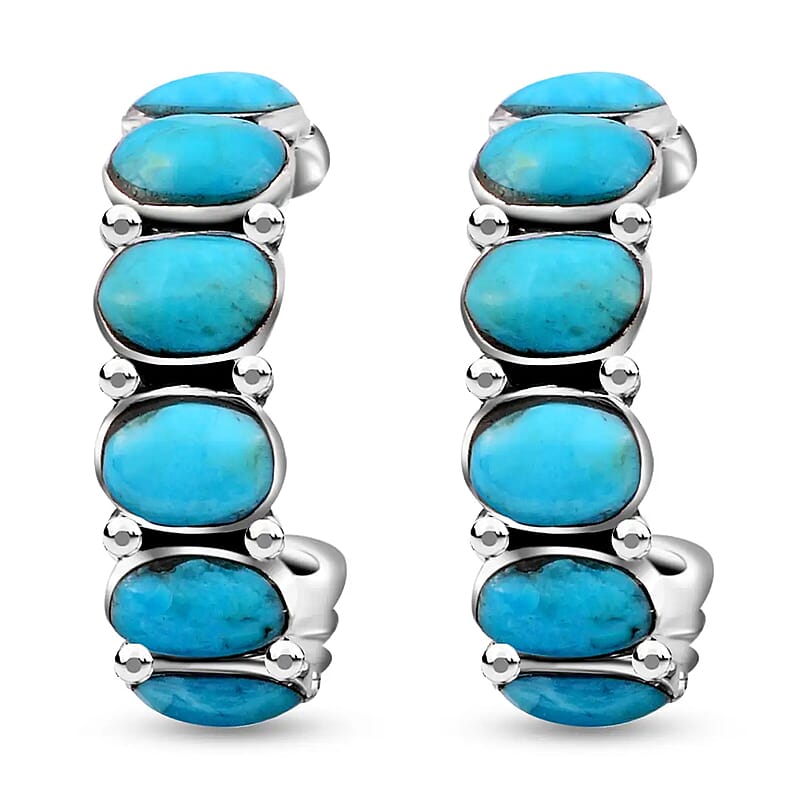 Santa Fe Style Kingman Turquoise 3.75 ctw Half Hoop Earrings in Sterling Silver