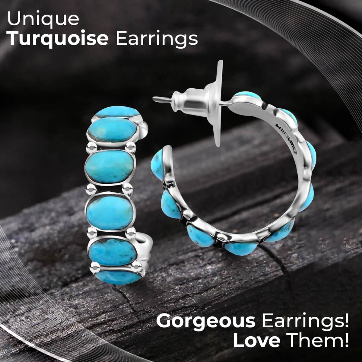 Santa Fe Style Kingman Turquoise Half Hoop Earrings in Sterling Silver 3.75 ctw image number 1