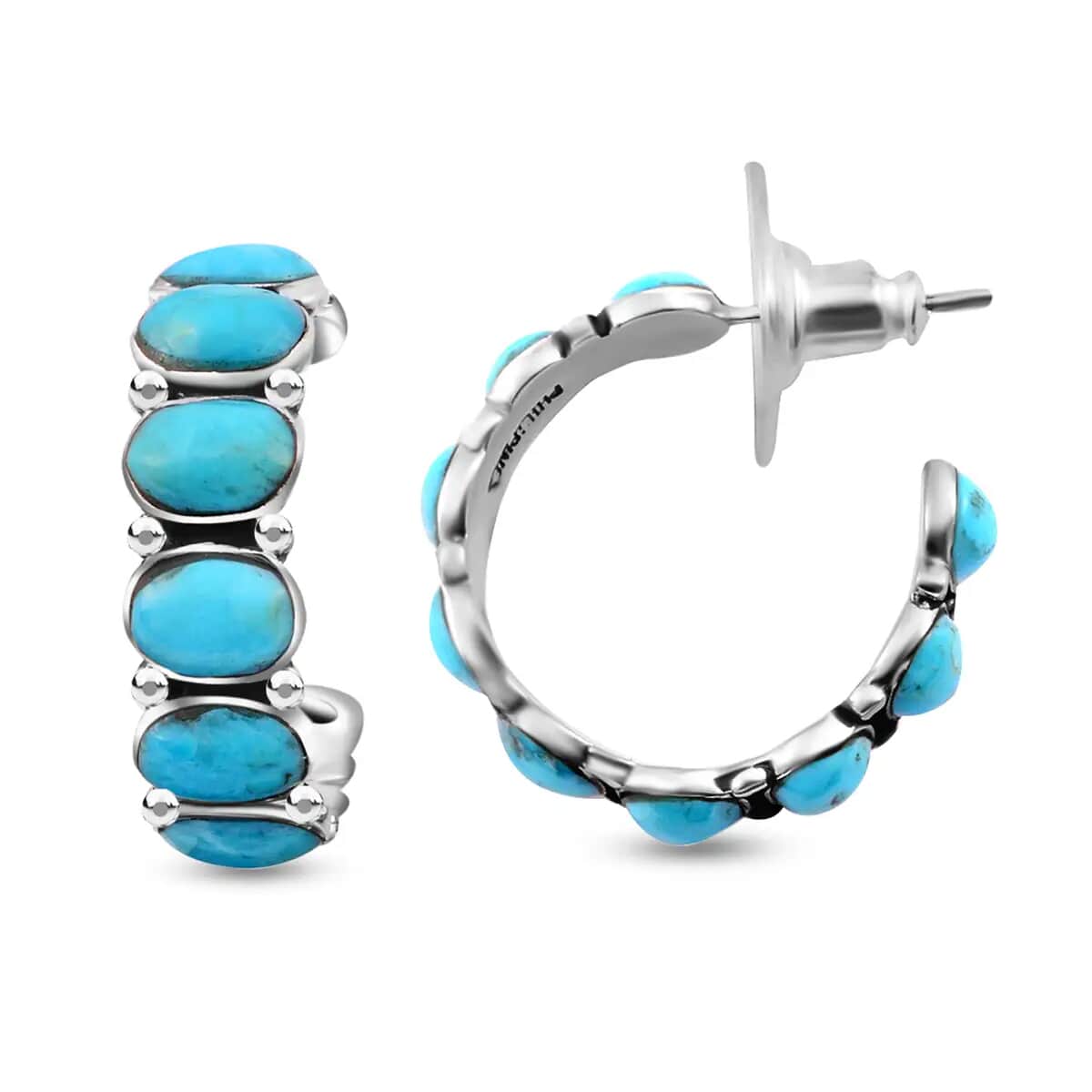 SANTA FE Style Kingman Turquoise Half Hoop Earrings in Sterling Silver 3.75 ctw image number 3