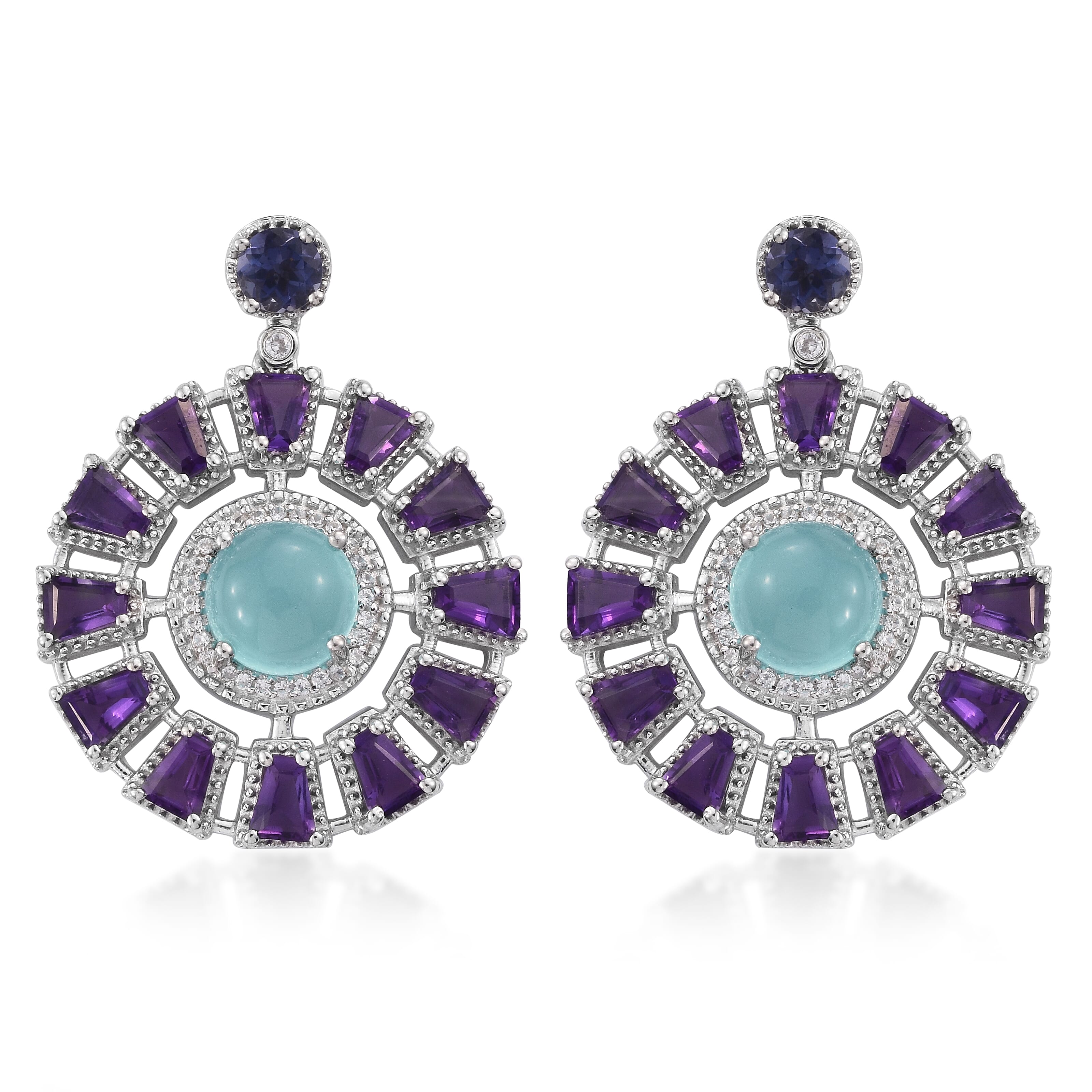 55.13 ctw Aqua Chalcedony and Multi Gemstone Earrings in Platinum Over Sterling Silver