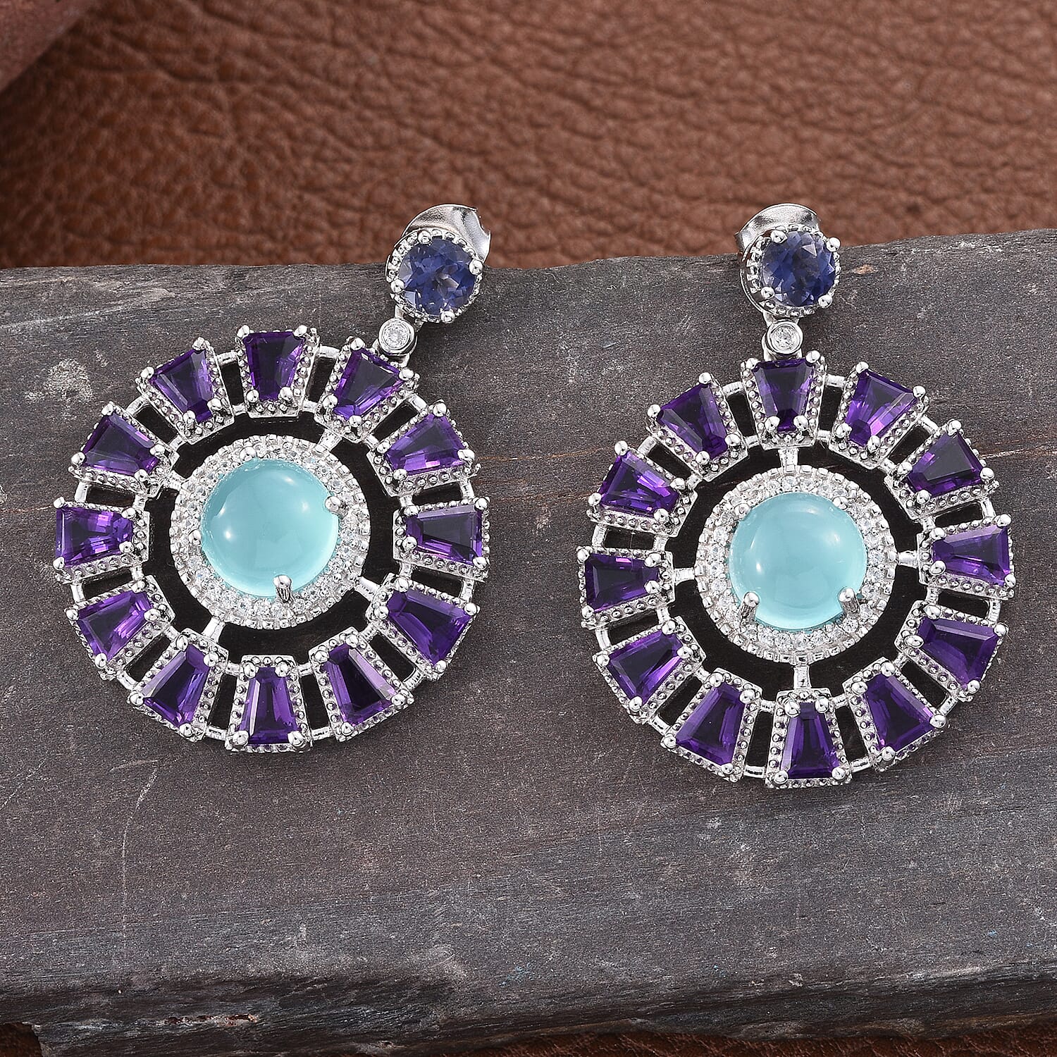 55.13 ctw Aqua Chalcedony and Multi Gemstone Earrings in Platinum Over Sterling Silver