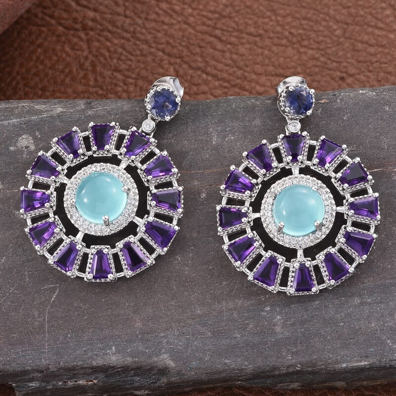 55.13 ctw Aqua Chalcedony and Multi Gemstone Earrings in Platinum Over Sterling Silver