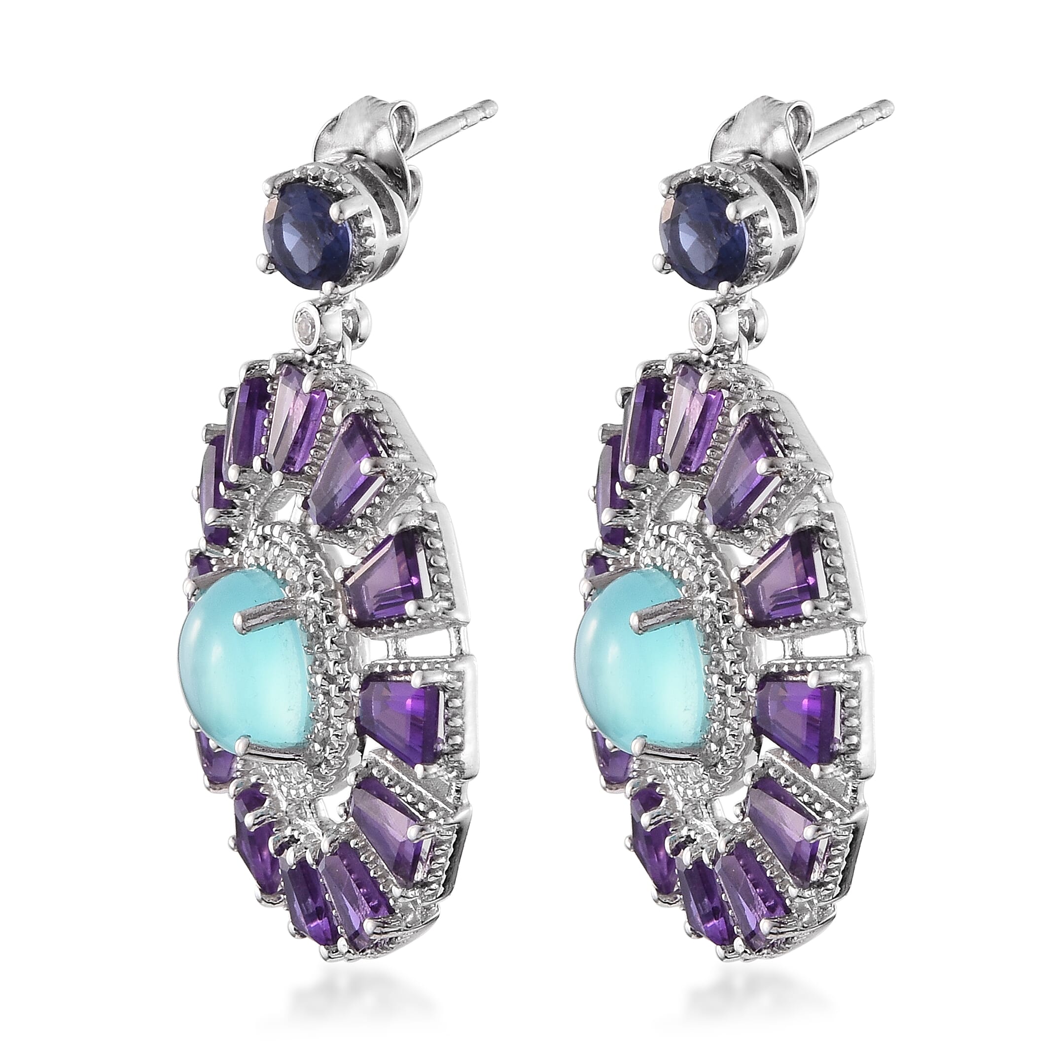 55.13 ctw Aqua Chalcedony and Multi Gemstone Earrings in Platinum Over Sterling Silver