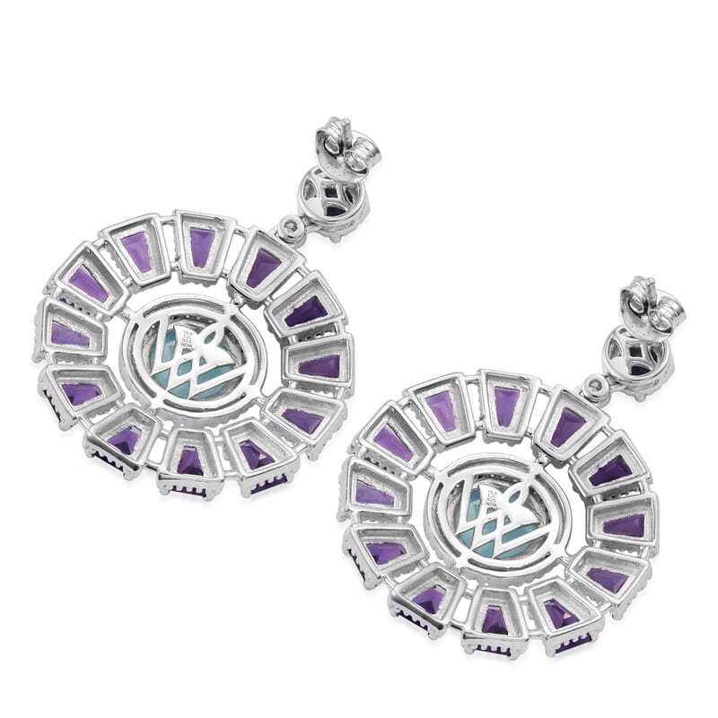 55.13 ctw Aqua Chalcedony and Multi Gemstone Earrings in Platinum Over Sterling Silver