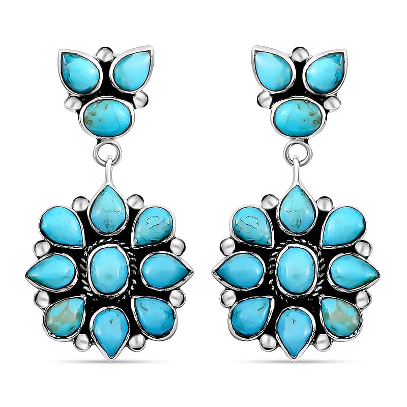 Santa Fe Style Kingman Turquoise 6.50 ctw Earrings in Sterling Silver, Turquoise Dangle Earrings, Silver Drop Flower Earrings, Flower Jewelry For Women