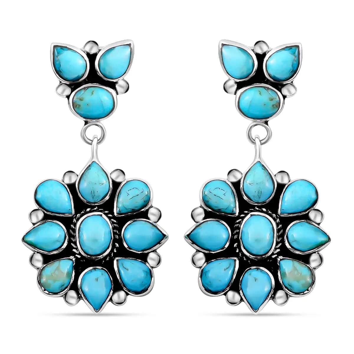 Santa Fe Style Kingman Turquoise Earrings in Sterling Silver, Turquoise Dangle Earrings, Silver Drop Flower Earrings, Flower Jewelry For Women 6.50 ctw image number 0