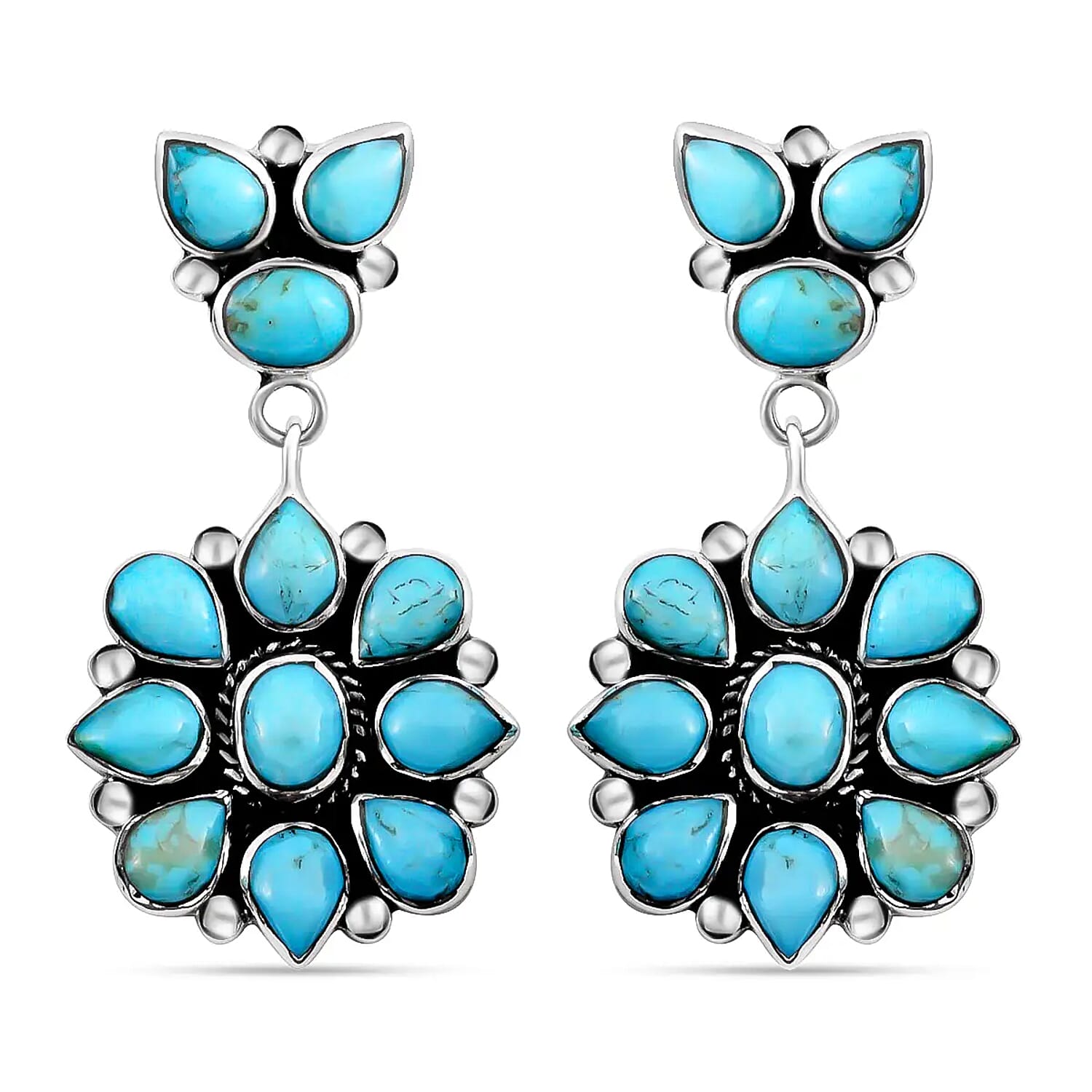 Santa Fe Style Kingman Turquoise 6.50 ctw Earrings in Sterling Silver, Turquoise Dangle Earrings, Silver Drop Flower Earrings, F
