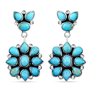 Santa Fe Style Kingman Turquoise Earrings in Sterling Silver, Turquoise Dangle Earrings, Silver Drop Flower Earrings, Flower Jewelry For Women 6.50 ctw