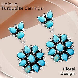 Santa Fe Style Kingman Turquoise 6.50 ctw Earrings in Sterling Silver, Turquoise Dangle Earrings, Silver Drop Flower Earrings, Flower Jewelry For Women