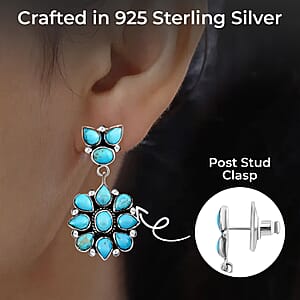 Santa Fe Style Kingman Turquoise 6.50 ctw Earrings in Sterling Silver, Turquoise Dangle Earrings, Silver Drop Flower Earrings, Flower Jewelry For Women