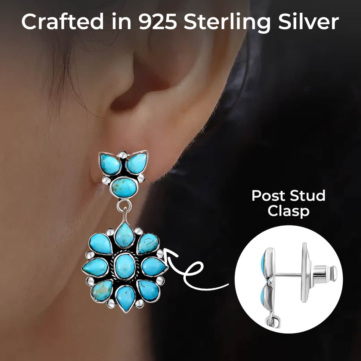 Santa Fe Style Kingman Turquoise Earrings in Sterling Silver, Turquoise Dangle Earrings, Silver Drop Flower Earrings, Flower Jewelry For Women 6.50 ctw image number 2