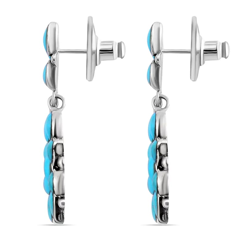 Santa Fe Style Kingman Turquoise 6.50 ctw Earrings in Sterling Silver, Turquoise Dangle Earrings, Silver Drop Flower Earrings, Flower Jewelry For Women