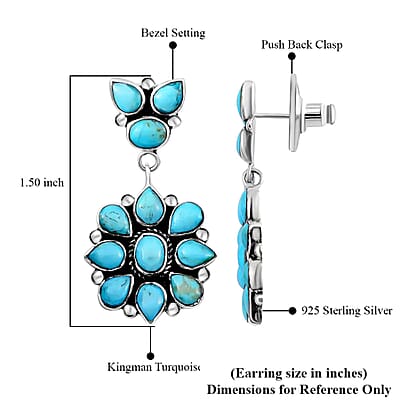 Santa Fe Style Kingman Turquoise 6.50 ctw Earrings in Sterling Silver, Turquoise Dangle Earrings, Silver Drop Flower Earrings, Flower Jewelry For Women