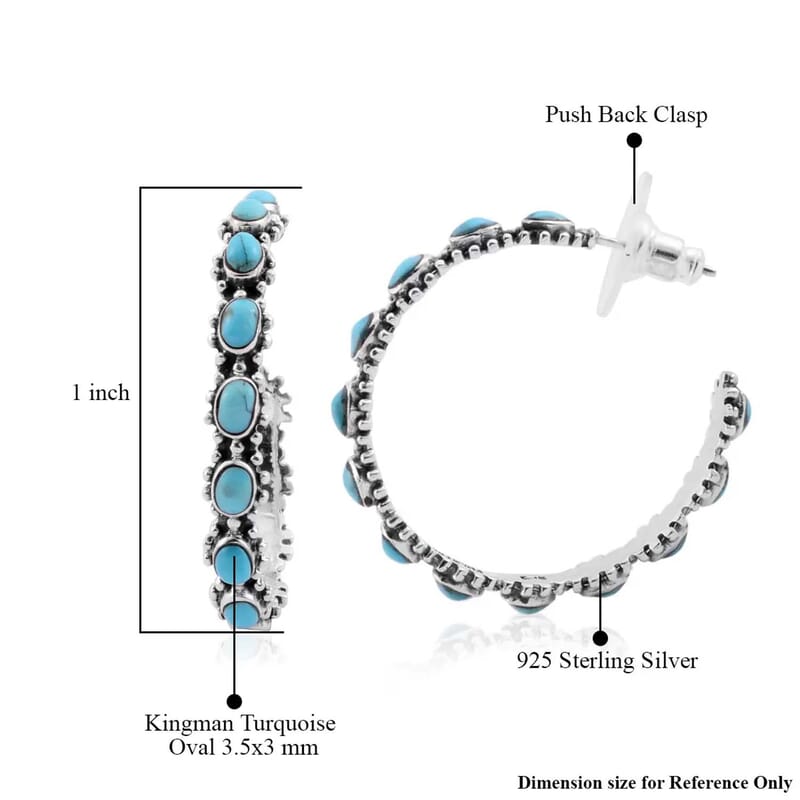 Santa Fe Style Kingman Turquoise Open Hoop Earrings in Sterling Silver 4.00 ctw