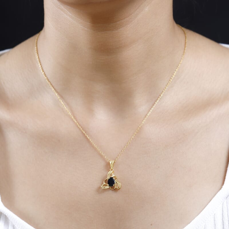 Australian Black Tourmaline Fancy Knot Pendant in 14K Yellow Gold Over Sterling Silver with Stainless Steel Necklace 20 Inches 0.75 ctw