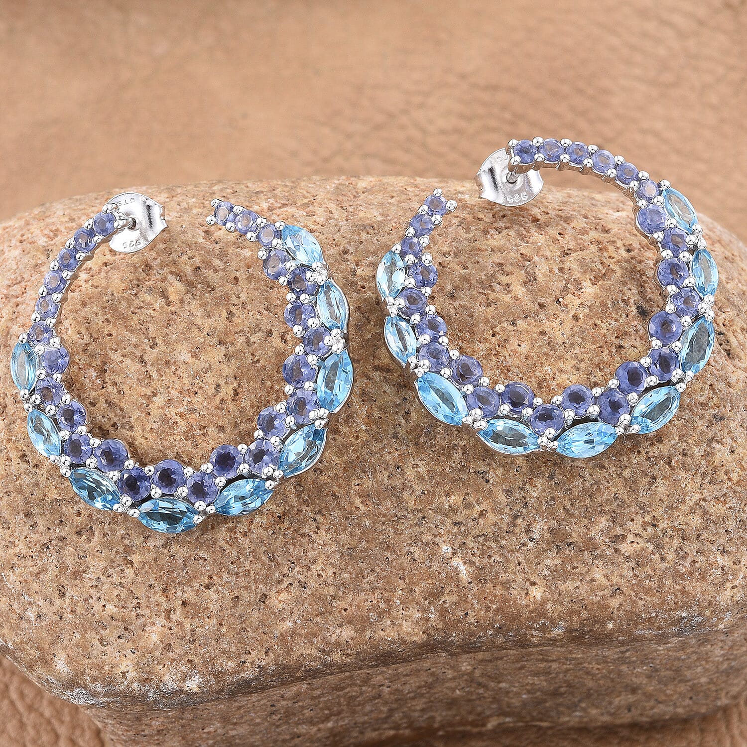 Swiss Blue Topaz and Catalina Iolite Earrings in Platinum Over Sterling Silver 12.33 ctw