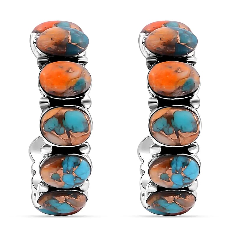 Santa Fe Style Spiny Turquoise Half Hoop Earrings in Sterling Silver 3.75 ctw