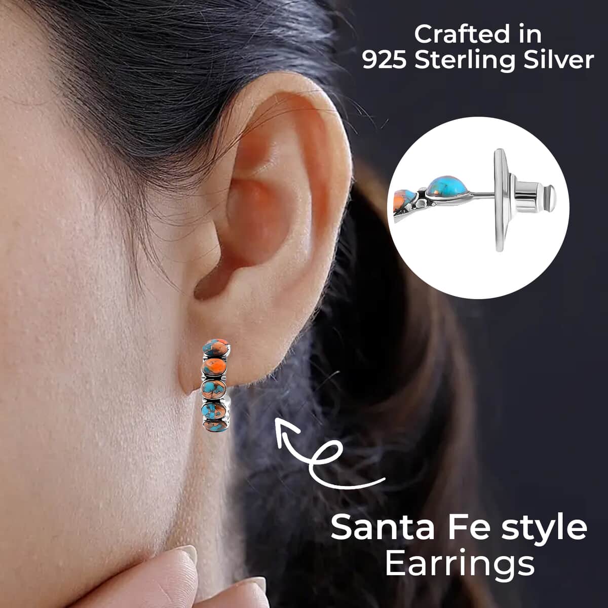 Santa Fe Style Spiny Turquoise Half Hoop Earrings in Sterling Silver 1.88 ctw image number 2