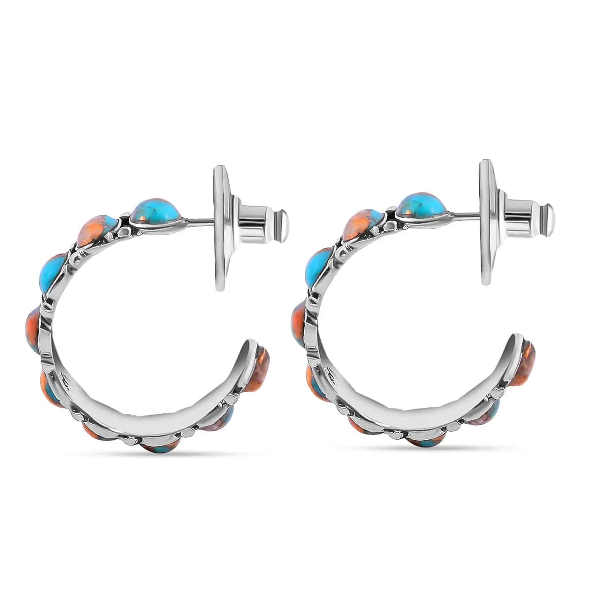 Santa Fe Style Spiny Turquoise Half Hoop Earrings in Sterling Silver 1.88 ctw image number 3