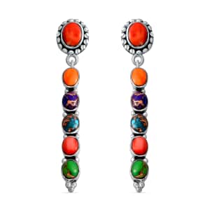 Santa Fe Style Mojave Multi Turquoise and Coral Earrings in Sterling Silver 1.90 ctw