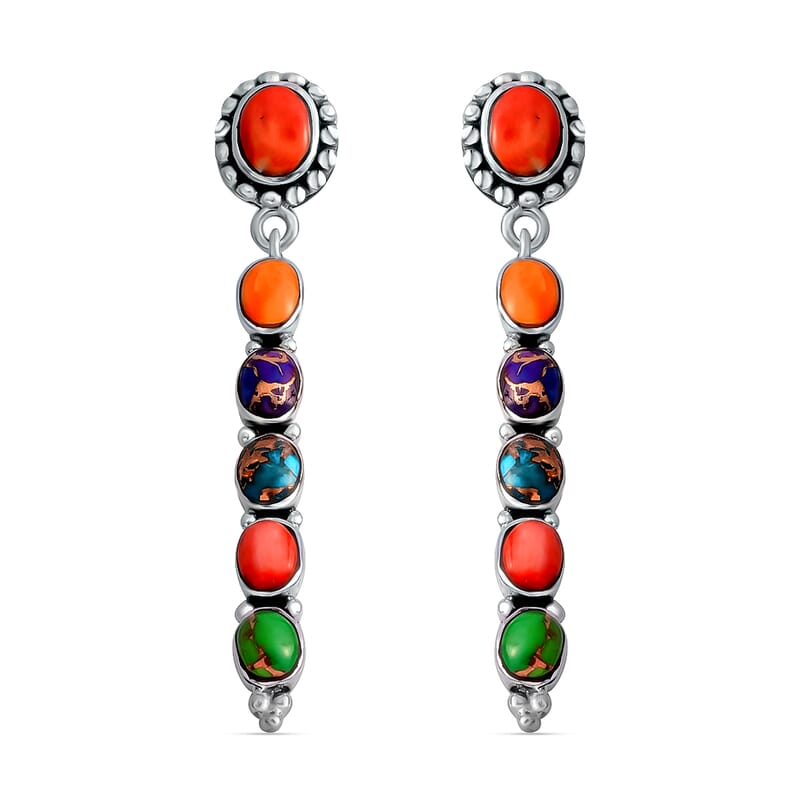 Santa Fe Style Mojave Multi Turquoise and Coral Earrings in Sterling Silver 1.90 ctw