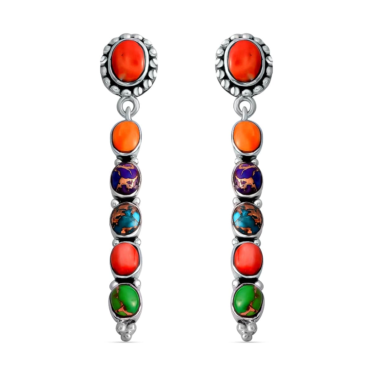 Santa Fe Style Mojave Multi Turquoise and Coral Earrings in Sterling Silver 1.90 ctw image number 0