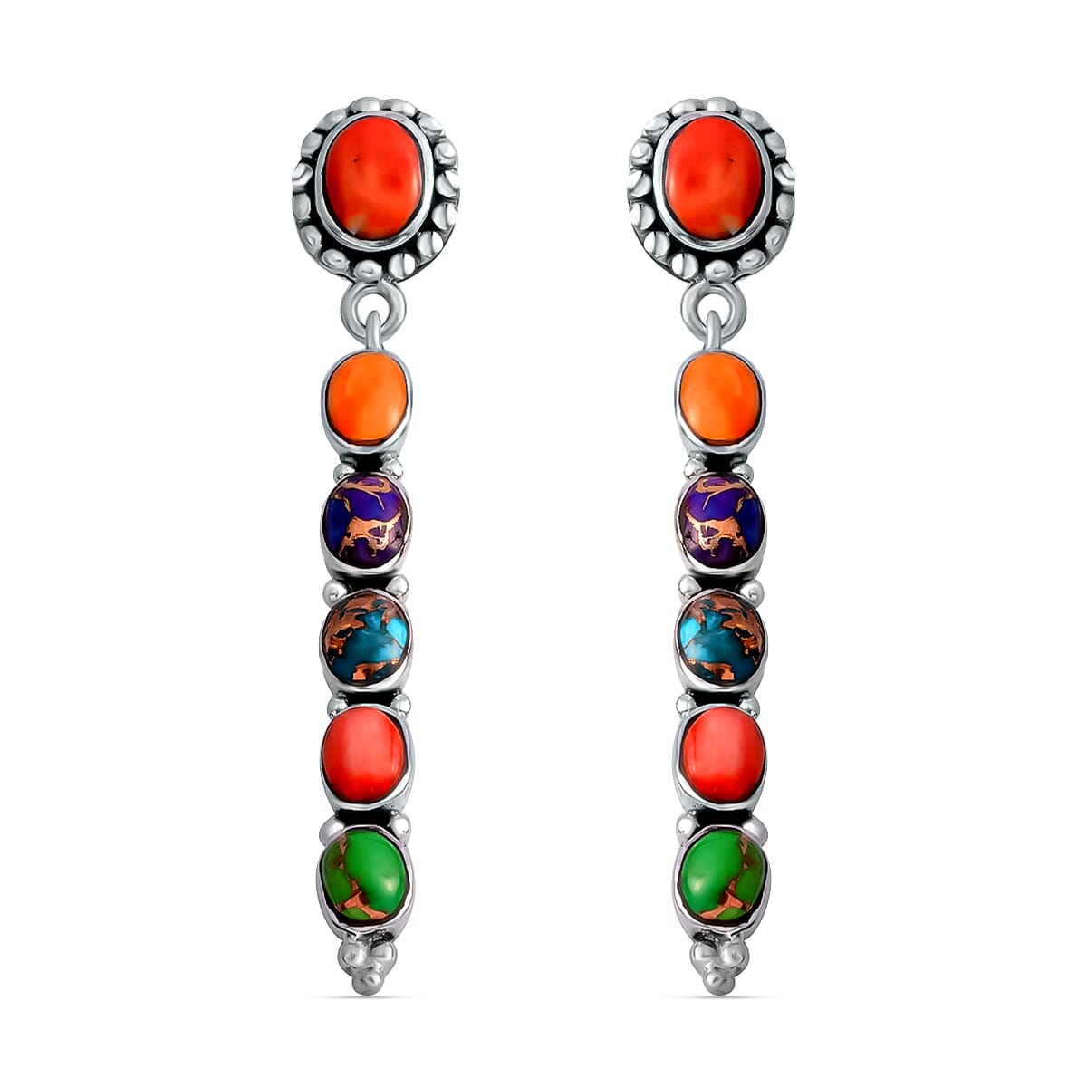 Santa Fe Style Mojave Multi Turquoise and Coral Earrings in Sterling Silver 1.90 ctw image number 0