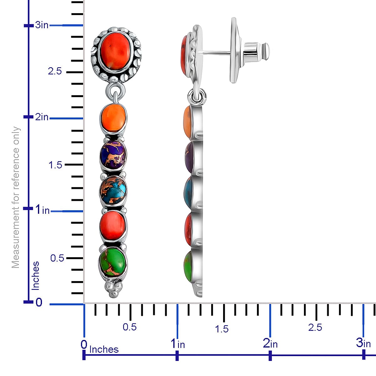 Santa Fe Style Mojave Multi Turquoise and Coral Earrings in Sterling Silver 1.90 ctw