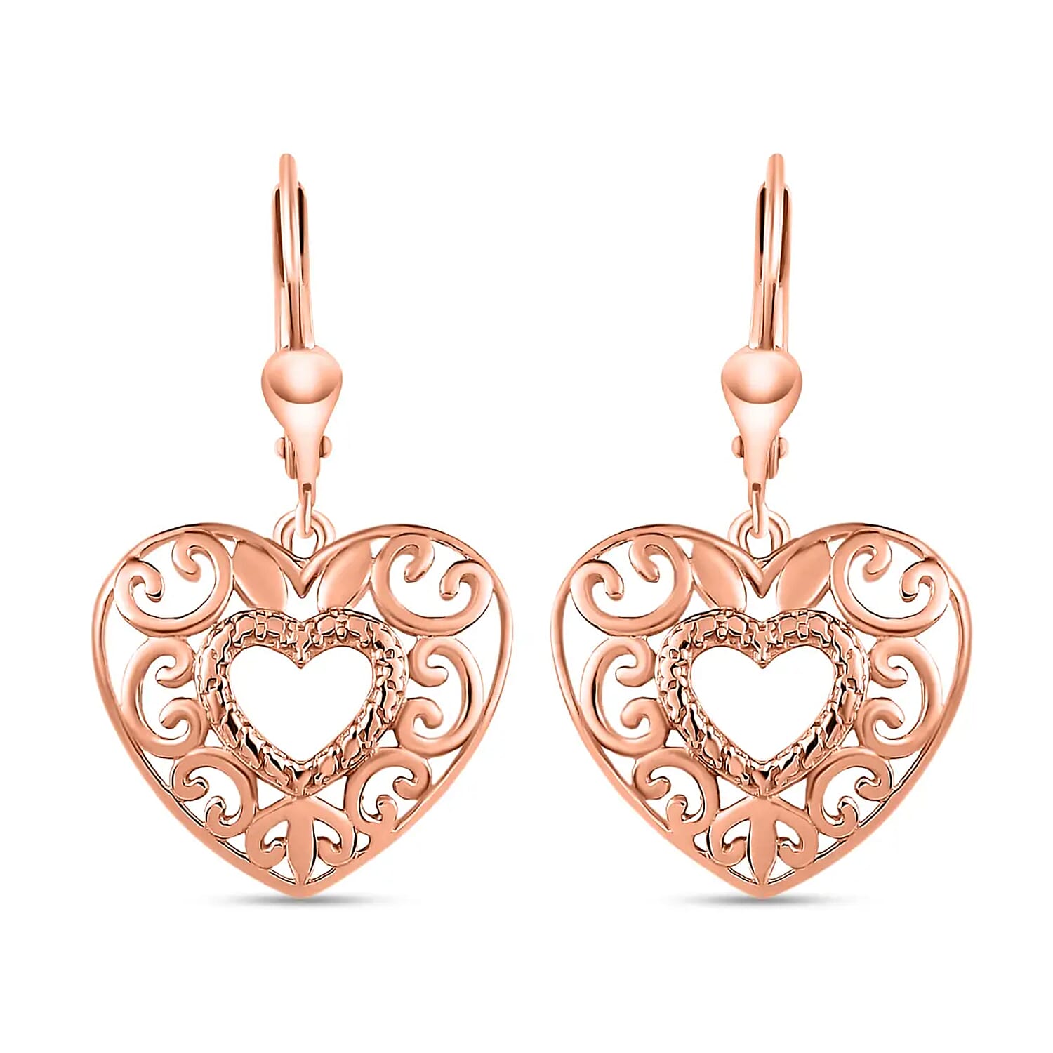 D'Joy Openwork Earrings, Filigree Earrings, Lever Back Earrings, Drop Earrings, 14K Rose Gold Plated Sterling Silver Earrings, H