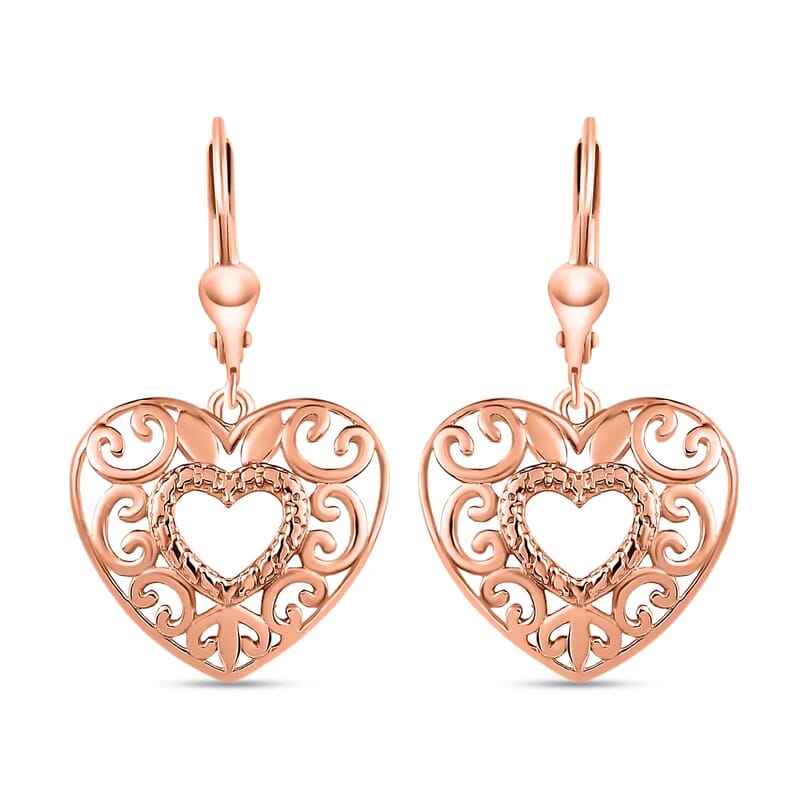 D'Joy Openwork Earrings, Filigree Earrings, Lever Back Earrings, Drop Earrings, 14K Rose Gold Plated Sterling Silver Earrings, Heart Earrings For Women, Jewelry Gifts For Birthday